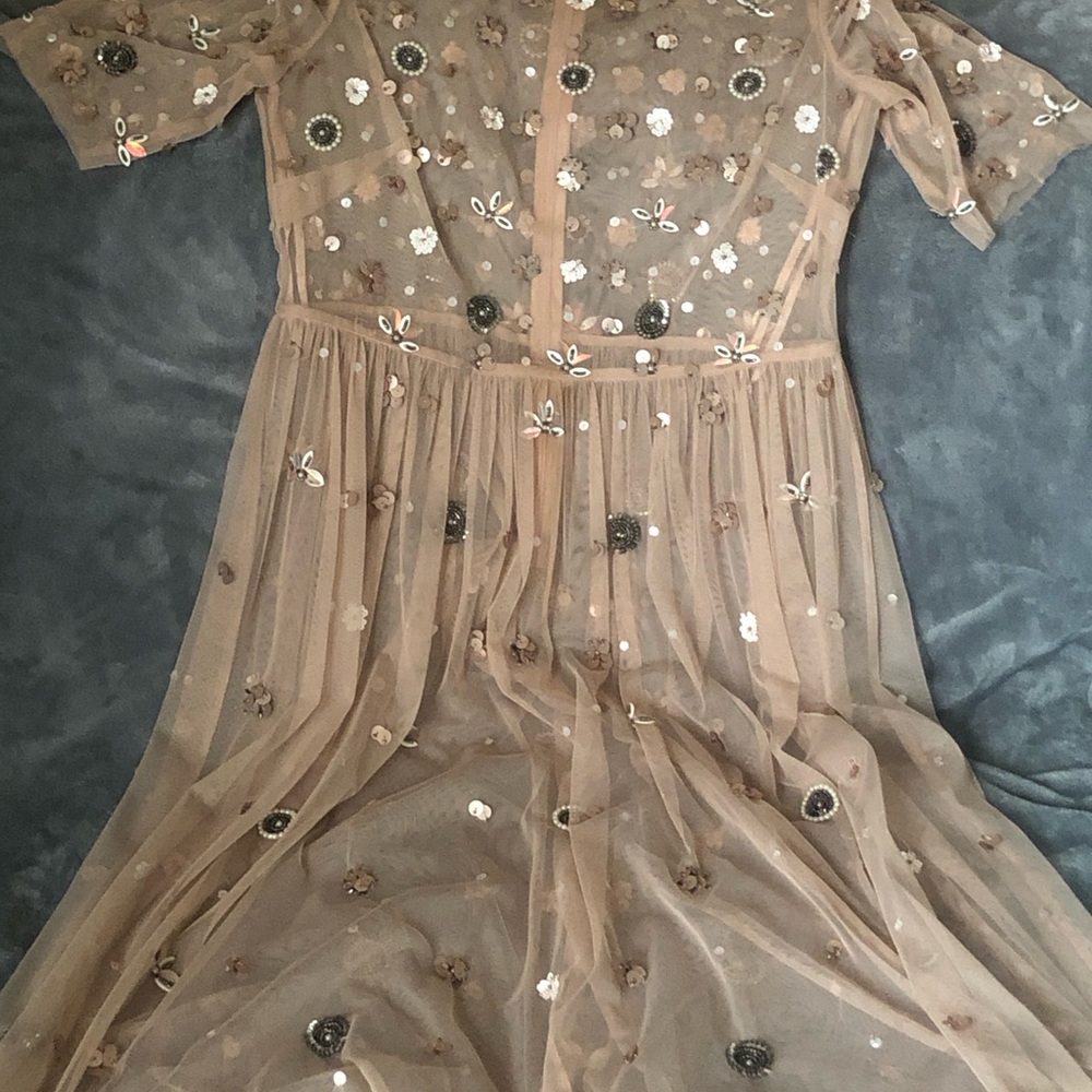 Brown Pleated Embellished Maxi Gown